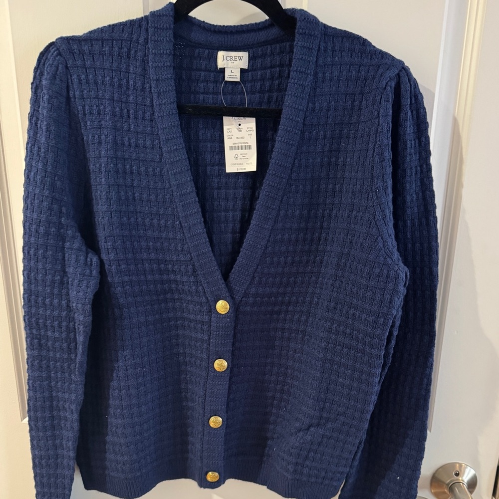 J. Crew Textured Blue Cardigan with Gold Buttons